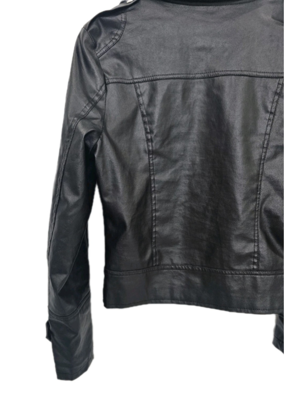 Women’s Black Faux Leather Moto Jacket Cropped Biker Zip Up Punk Rock Size S - Picture 11 of 16